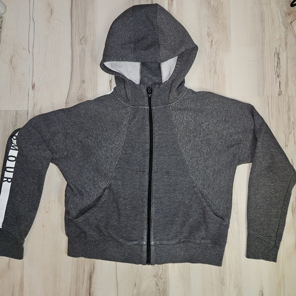 Under Armour Girls Large Gray Ribbed Fleece Full Zip Hoodie Sleeve Spellout - Picture 2 of 12